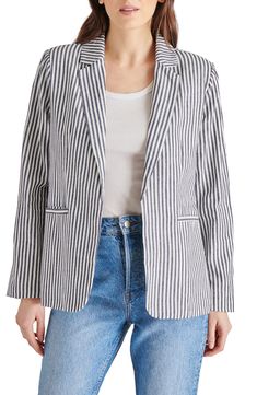 Laid-back polish defines this lightweight linen-kissed blazer designed with a layer-perfect open front. Open front Notched lapels Front welt pockets 90% cotton, 10% linen Hand wash, dry flat Imported Stripe Blazer, Blazer Designs, Sports Blazer, Striped Blazer, Suit Shop, Jogger Sweatpants, Denim Jumpsuit, Casual Streetwear, Blazer Coat