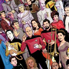 a large group of people standing next to each other in front of a wall with an image of star trek characters on it