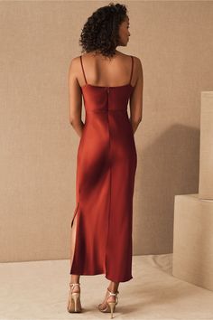 An elegantly draped cowl neckline completes this silky slip dress with a modern midi silhouette.Only available at BHLDN Wine Color Bridesmaid Dress, Wine Bridesmaid Dresses, Rust Bridesmaid Dress, Orange Bridesmaid Dresses, Dress Wine, Blush Bridesmaid Dresses, Red Bridesmaids, Red Bridesmaid Dresses, Burgundy Bridesmaid Dresses