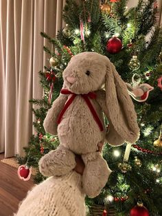 a stuffed animal sitting on top of a christmas tree