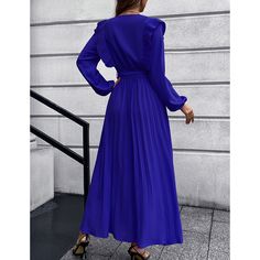 Blue V Neck Pleated Tie Waist Swing Maxi Dress Children's Day Gift, Party Business, Party Package, Work Party, Dress With Belt, Elegant Party, Polyester Dress, Short En Jean, Hollywood Glamour