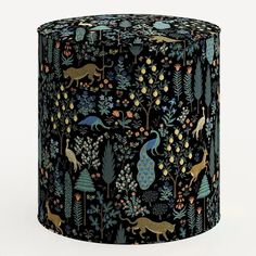 an image of a night scene with deers and trees on a black cylinder lamp shade