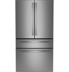 a stainless steel refrigerator freezer with two doors