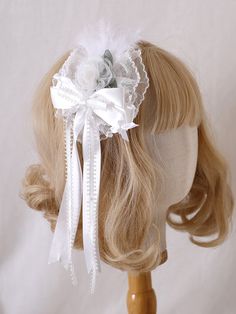 Adorn your hair with this charming feather-decorated white sweet floral bowknot hairclip. This delightful accessory features a lovely combination of white color, sweet floral design, and a decorative bowknot, making it the perfect addition to any kawaii or Lolita-inspired outfit.  Please note that this product includes only the hairclip. White Ribbon Bow For Spring, Elegant White Headband With Ribbon, White Bow With Matching Headband, White Bow Headband For Wedding, White Headband With Bow Tie, Cute White Headband With Bow Tie, White Bow Tie Headband, White Satin Bow Headband, White Wedding Headband With Bow