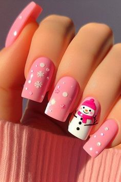 Shorter Nails Designs, Short Pink Holiday Nails, Pink Snowman Nails, Pink Nails For Kids, Kids Christmas Nail Designs, Hot Pink Christmas Nails, Pink Christmas Nail Designs, Kids Nail Designs, Christmas Nail Ideas