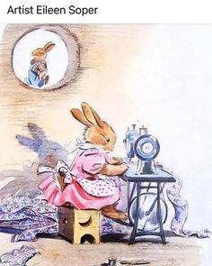 a painting of a rabbit dressed in pink sitting at a table with a sewing machine