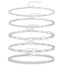 PRICES MAY VARY. Not Tarnish Silver Anklet:14K Silver plated over brass,never faded,nickel free, hypoallergenic and NOT tarnish， wont your wear it everyday though, even in the shower or wear socks and shoes. 5 Separate Layered Ankle Bracelet:It comes five separate chains, and various chain styles are available for you to choose. Including satellite chain/paperclip link chain/mirror chain/figaro chain/cuban chain. You can combine and match them at will. Adjustable bracelets:These gold ankle brace Rose Gold Bracelet Set, Gold Jewelry Set, Silver Ankle Bracelet, Gold Link Bracelet, Gold Link Chain, Gold Jewelry Sets, Gold Anklet, Gold Bracelet For Women, Rose Gold Chain