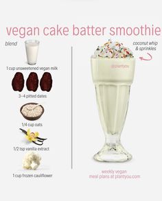 the ingredients for a vegan cake batter smoothie are shown in this diagram, including milk and sprinkles