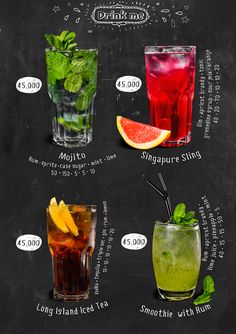 the different types of cocktails are shown in this chalkboard drawing style poster, along with information about each type of drink