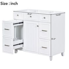 a white bathroom vanity with drawers and cabinet space for the bottom drawer size is inches