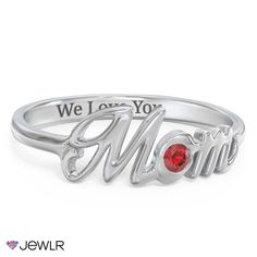 Celebrate motherhood in style with this adorable personalized Mom ring! Featuring a simple band and the name "Mom" written in elegant cursive lettering, this ring will make the perfect gift for Mother's Day, Mom's birthday, or a thoughtful just-because gift. The round 2.5mm gemstone in the center of the 'o' in Mom can be customized with a special birthstone. Personalize the ring with your choice of metal and engrave a special message along the band for an added personal touch. Mother's Day Adjustable Stackable Rings With Custom Name, Mother's Day Wedding Sterling Silver Birthstone Ring, Customizable White Gold Rings For Mother's Day, Mother's Day Wedding Birthstone Ring In Sterling Silver, Adjustable Stackable Rings With Custom Name For Mother's Day, Silver Birthstone Ring With Names In Sterling Silver, White Sterling Silver Birthstone Ring For Mother's Day, Silver Birthstone Ring For Mother's Day Wedding, White Gold Birthstone Ring For Anniversary And Mother's Day