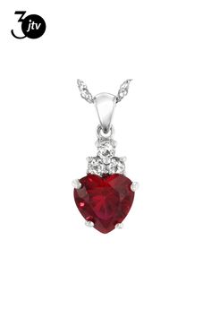 3.70ct 10mm heart shape lab created ruby and .34ctw 3mm round Lab Created White Sapphire rhodium over sterling silver pendant with 18"Singapore chain.  Measures approximately 15/16"L x 3/8"W  2mm bail. 2 inch extender. Lobster claw closure Classic Gemstone Jewelry For Valentine's Day, Heart-shaped Ruby Jewelry With Prong Setting, Heart Shaped Ruby Jewelry With Prong Setting, Oval Jewelry With Accent Stones For Valentine's Day, Red Heart Cut Jewelry With Accent Stones, Ruby Heart Cut Birthstone Jewelry, Oval Cubic Zirconia Jewelry For Valentine's Day, Red Heart Cut Diamond Accented Jewelry, Lab-created Ruby Heart Cut Gemstone Jewelry