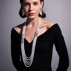 Layers of Freshwater pearl ropes in different sizes and lengths give a dramatic flair to this magnificent piece, with diamond and onyx flowers seamlessly nestled within the pearls for added splendour. With its lustrous array of pearls and exquisite craftsmanship, this necklace from our new Cleopatra Collection embodies empowerment.  Complete your look with the matching earrings for a flawless ensemble. Pearl Size: 3-8.5mmMetal: 18K White GoldApproximate Diamond Weight: 5.19ctsApproximate Onyx Weight: 1.52g Pearl Rope, Rare Pearls, Pearl Jewellery, Onyx Necklace, Yoko London, Necklace Craft, Pearl Types, Tahitian Pearls, Flagship Store