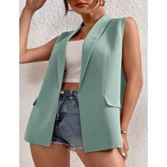 Blue-green Lapel Collar Sleeveless Blazer Chic Green Tank Vest, Chic Green Sleeveless Tank Top, Trendy Green Sleeveless Vest, Trendy Sleeveless Green Vest, Green Sleeveless Vest For Spring, Green Sleeveless Vest For Work, Green Sleeveless Vest For Workwear, Trendy Fitted Green Vest, Green V-neck Vest For Spring