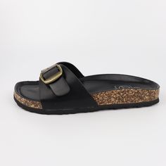 Single band footbed slide sandal with an adjustable buckle. Medium width. True to size. Slide Sandals, Buckle, Sandals, Band, Black