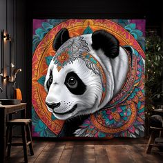 a panda bear with flowers on it's head in front of a colorful background