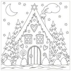 a coloring page with a house in the middle and trees around it, on a wooden surface