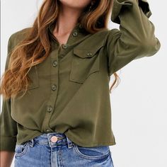 Asos New Look Cropped Button-Up Shirt. Khaki Green. 100% Lyocell. Cropped Button Up Shirt, Asos Tops, Khaki Fashion, Pocket Shirt, Khaki Green, Shirt Color, Patch Pocket, Military Jacket, New Look