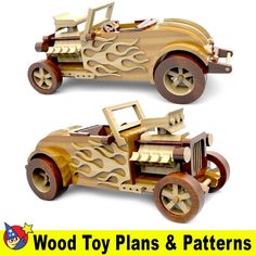 two wooden toy cars with flames on the front and back wheels are shown in this image