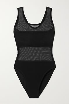 Norma Kamali's 'Mio' swimsuit has seen so many new iterations over the seasons, each one as beautifully cut as the last. This version has high legs and strategically placed mesh panels through the waist and shoulders. Pack it on your next beach vacation. Black Polyamide Swimwear For Pool, Black Polyamide Bodysuit For The Beach, Sporty Polyamide Swimwear For Swimming, Black Nylon Bodysuit For Pool, Summer Black Polyamide Bodysuit, Beachwear Nylon One-piece Leotard, Black Polyamide Bodysuit For Summer, Black Polyamide Bodysuit For Poolside, Summer Fitted Mesh Bodysuit