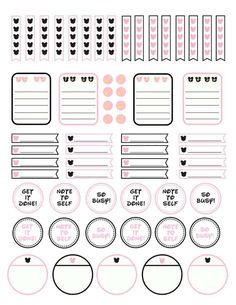 the printable planner stickers are shown in pink and black, with hearts on them