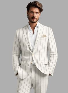 Embrace the laid-back luxury while maintaining impeccable style in the Solbiati Ivory Wide Stripe Linen Jacket. Crafted from pristine linen fabric, it showcases a captivating wide stripe pattern in a rich luxurious shade, this jacket epitomizes effortless sophistication. Its comfortable draping ensures ease of movement, making it an impeccable choice for a variety of occasions. Whether attending a beachside wedding, a summer garden party, or a sophisticated cocktail soirée, this jacket has got you covered.     About Solbiati Pericle Collection :  A blend of artisan craftsmanship and the finest linen, designed for those who cherish classic elegance with a modern twist. Our collection offers unparalleled comfort and impeccable style. With the freedom to explore vibrant textures and colors, f Pinstripe Linen Blazer With Notch Lapel, Tailored Striped Linen Blazer, Elegant Striped Outerwear With Welt Pockets, Elegant Striped Spring Suit, Classic Striped Linen Blazer, White Linen Suit With Welt Pockets, White Linen Suits With Welt Pockets, Luxury Striped Outerwear With Notch Lapel, Elegant Vertical Stripe Outerwear For Spring