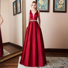 Sleeveless backless evening dress, V-neck party dress, red Red V-neck Evening Dress For Prom, Red Satin V-neck Gown, Satin V-neck Evening Dress For Prom, V-neck Satin Gown For Prom, Satin V-neck Gown For Prom, V-neck Satin Evening Dress For Prom Season, V-neck Satin Evening Dress For Gala, Red Satin V-neck Evening Dress, Red V-neck Evening Dress For Prom Season