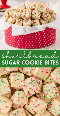 shortbread sugar cookie bites with sprinkles in a red and green box