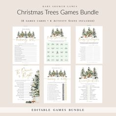 the christmas trees games bundle is shown in four different colors and font, along with an additional