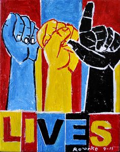 a painting of two hands holding up the word lives