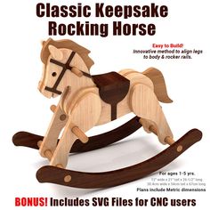 a wooden rocking horse is shown in this advertisement