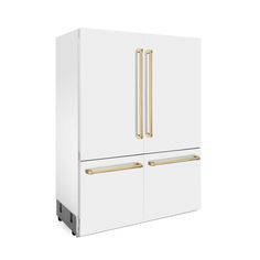 a white refrigerator freezer sitting next to two gold handles on it's doors