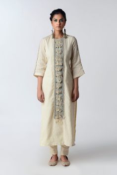 Rishi & Vibhuti-Ivory Metallic Waves Kurta With Pants-INDIASPOPUP.COM Kurta Pant Set, Ivory Fabric, Straight Kurta, Cotton Kurta, Rich Fabric, Kurta With Pants, Summer Breeze, Pant Set, Pants Color