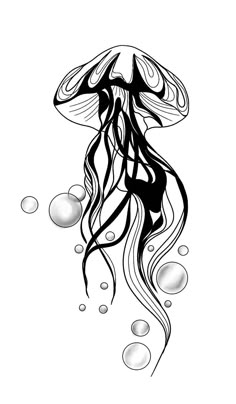 an ink drawing of a jellyfish with bubbles on it's back and long hair