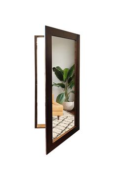 a mirror with a plant in it on top of a white rug next to a potted plant