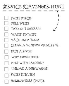 the service scavenger hunt is shown in black and white, with an arrow pointing to