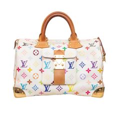 The iconic Louis Vuitton Speedy 30 handbag, reimagined by Japanese artist Takashi Murakami, features a splash of vibrant color with its multicolored monogram print. Crafted with white canvas and natural leather finishes, this bag also includes protective hardware corners and a sturdy top zip closure with lock clasp. The red suede interior lining adds a luxurious touch. Inclusion: Dust bag. Remarks: There are some scratches on the hardware, some discoloration and signs of wear. Discover more. Height:20;Width:30;Depth:17;Handle Drop:10.5 Material: Coated Canvas Louis Vuitton Takashi Murakami, Louis Vuitton Top, Louis Vuitton Store, Louis Vuitton Speedy 30, Takashi Murakami, Speedy 30, Lv Monogram, Louis Vuitton Shoulder Bag, Prada Crossbody Bag