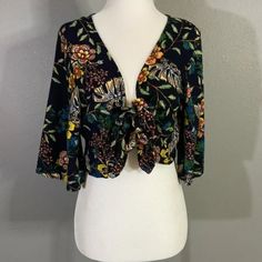 Miss Selfie Floral Tie Front Blouse Sz L Large Multicolor Flowers Floral Black Blue Orange Yellow Cream Pink Green Tan Brown Pool, Beach, Swim Cover Up Crop Top Elbow Sleeves Bell Sleeve Open Front Tie Front Blouse Easy Breezy Loose Cover Up Lightweight Pull On Machine Washable 100% Rayon Theme: Boho, Preppy, Classic, Modern, Minimalist, Tropical, Vacation, Capsule, Resort, Spring, Summer, Bohemian, Bride, Bachelorette, Festival, Chic, Trendy, Honeymoon, Hair Stylist, Teacher, Concert, Bar, Trav Floral Print Cropped Blouse For Brunch, Spring Black Boho Print Tops, Black Boho Print Tops For Spring, Bohemian Rayon Blouse For Spring, Fitted Rayon Blouse For Vacation, Multicolor Cropped Floral Print Blouse, Multicolor Cropped Floral Blouse, Bohemian Floral Print Blouse For Brunch, Multicolor Boho Print Rayon Blouse