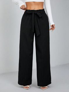 Negro Casual Collar  Tela tricotada Liso Pierna ancha Embellished No-Elástico Halloween Fancy Dress, Black Trousers, Textured Paper, Petite Women, Maternity Bag, All Fashion, Women Clothing, Womens Bottoms, Daily Wear