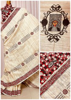 Dicover the charm of Durga Puja in this Unique designer Saree in beautiful Tussur Silk Saree, depicts the Durga Face beautifuly handpainted with a fusion of kalamkari. Off white color Ghicha tussur body has red black colour floral design border and "aayi giri nandini" ,the popular Durga sloka, script written on the saree. Pallu has a special touch of hand-drawn Durga Face beautifuly curated by the master artists. Blouse is in full hand kalamkari design. Dry cleaning recommend only. Due to digital photography color variation is considerable. Made to order items, please check availability before placing order. Maa Durga Face, Durga Face, Kalamkari Design, Saree Pallu, Kalamkari Designs, Kalamkari Blouse, Master Artists, Saree Designer, Photography Color