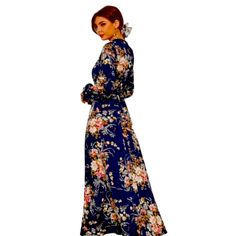 Allover Floral Print Self Tie Swing Maxi Flounce Sleeves Nwot Size 4x Blue Floral Long Sleeve Flowy Dress, Blue Long Sleeve Maxi Dress For Garden Party, Blue Long Sleeve Floral Dress For Garden Party, Dresses Shein, Shein Dress, Shein Dresses, Flounce Sleeve, Colorful Dresses, Floral Print