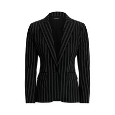 Slender fiber-dyed stripes unite with peak lapels and a single-button silhouette to create this streamlined blazer which is crafted with soft stretch-infused wool-blend twill for a polished look. “Lauren Ralph Lauren”–engraved horn-effect buttons offer added sophistication. Striped Single-breasted Blazer For Office, Striped Notch Lapel Outerwear For Office, Elegant Striped Outerwear For Office, Ralph Lauren Fitted Wool Blazer, Tailored Pinstripe Blazer With Lapel Collar, Striped Wool Blazer For Work, Pinstripe Notch Lapel Blazer For Office, Classic Striped Blazer For Office, Striped Suit Collar Blazer For Work