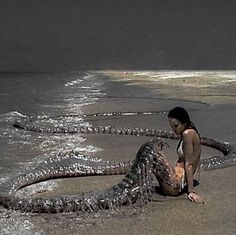 a woman sitting on the beach next to an alligator