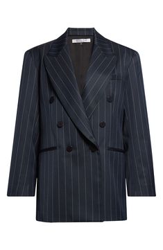 This season, LaQuan Smith gets inspired by the sartorial language of '80s Wall Street and expands his collection with daywear separates like this runway-featured pinstriped blazer. The double-breasted style in an oversized boyfriend silhouette brings the label's signature after-hours attitude to the 9-to-5 style. Double-breasted button closure Peaked lapels Four-button cuffs Chest welt pocket; front welt pockets 100% polyester Dry clean Made in the USA Designer Clothing Elegant Pinstripe Outerwear With Double-breasted Button, Elegant Striped Double-breasted Outerwear, Formal Striped Suit For Fall, Formal Striped Fall Suit, Fall Striped Formal Suit, Elegant Striped Spring Suit, Classic Striped Suits For Spring, Classic Striped Spring Suit, Elegant Spring Blazer With Vertical Stripes