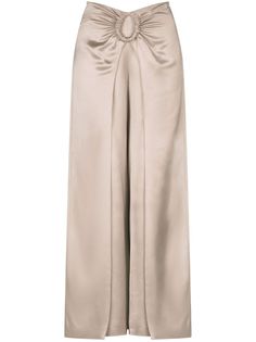 ecru satin finish high-waisted ring hardware detailing ruched detailing panel detailing wide leg Luxury Satin Bottoms For Evening, Beige Wide-leg Pants For Evening, Elegant Satin Pants, Elegant High-waisted Satin Bottoms, Chic Silk Bottoms For Evening, Elegant Beige High-waisted Culottes, Elegant Beige Pants For Party, Elegant Beige Party Pants, Elegant Beige Party Bottoms