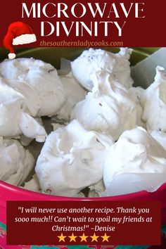 a red bowl filled with marshmallows on top of a table