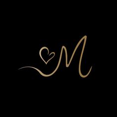 the letter m with a heart on it's side in gold and black background