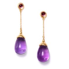 18 karat yellow gold Gemstone drops 20 carats plus Rubellite tops 1 carat approx. Post backs for pierced ears Length 1.5 inches / Width 0.4 inch approx. Yellow Quartz, Topaz Color, Gold Moon, Citrine Gemstone, Pink Gemstones, Amethyst Earrings, Blue Chalcedony, Topaz Gemstone, Rock Crystal