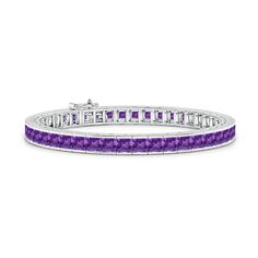 This tennis bracelet is a classic piece of jewelry, designed with an air of sophistication. Square deep purple amethysts are held in a 14k white gold channel setting, giving a streamlined and refined look. Elegant Purple Tennis Bracelet, Elegant Purple Amethyst Tennis Bracelet, Formal Amethyst Gemstone Tennis Bracelet, Elegant Purple Jubilee Tennis Bracelet, Purple Tennis Bracelet For Anniversary, Formal Purple Fine Jewelry Bracelet, Classic Purple Amethyst Bracelets, Classic Amethyst Purple Bracelets, Luxury Purple Tennis Bracelet