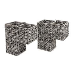 two gray baskets with handles on each side